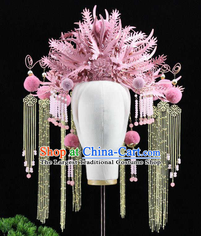 Traditional Chinese Wedding Pink Phoenix Coronet Headdress Ancient Bride Hair Accessories for Women