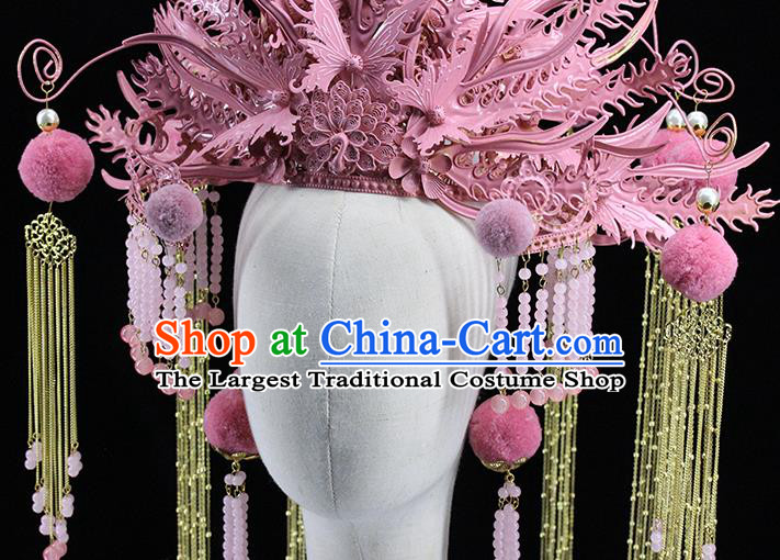 Traditional Chinese Wedding Pink Phoenix Coronet Headdress Ancient Bride Hair Accessories for Women