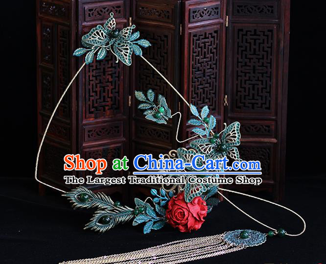 Traditional Chinese Classical Blue Butterfly Fans Ancient Hanfu Wedding Palace Fan for Women