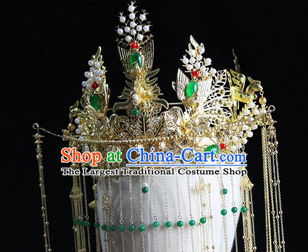 Traditional Chinese Bride Emerald Phoenix Coronet Headdress Ancient Wedding Hair Accessories for Women