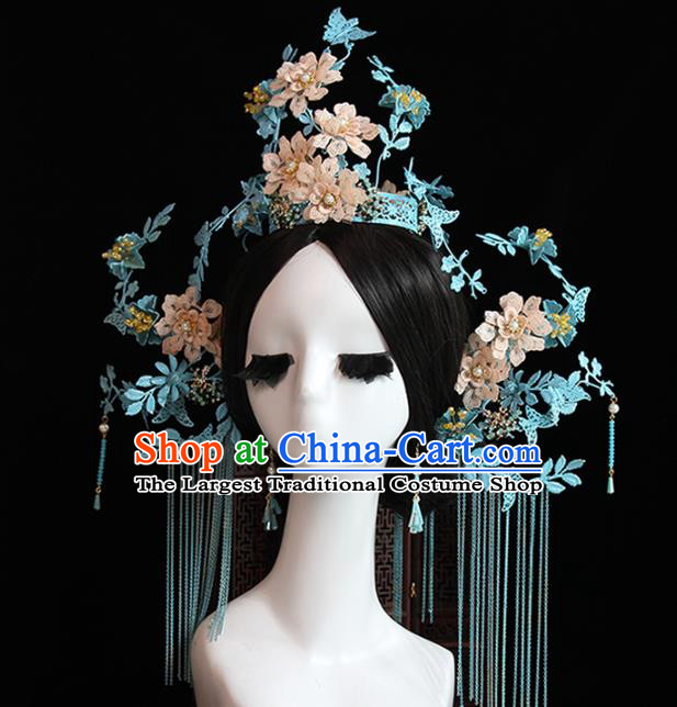 Traditional Chinese Bride Blue Phoenix Coronet Headdress Ancient Wedding Hair Accessories for Women