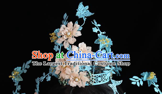 Traditional Chinese Bride Blue Phoenix Coronet Headdress Ancient Wedding Hair Accessories for Women
