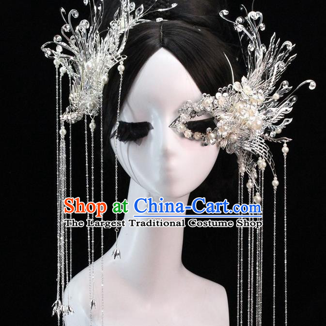 Traditional Chinese Bride Argent Tassel Hair Clasp Headdress Ancient Wedding Hair Accessories for Women