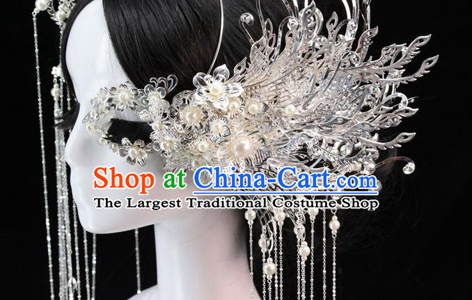 Traditional Chinese Bride Argent Tassel Hair Clasp Headdress Ancient Wedding Hair Accessories for Women