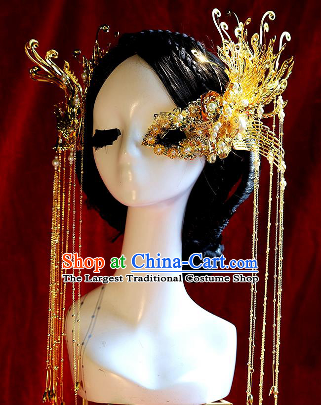 Traditional Chinese Bride Golden Phoenix Tassel Hair Clasp Headdress Ancient Wedding Hair Accessories for Women