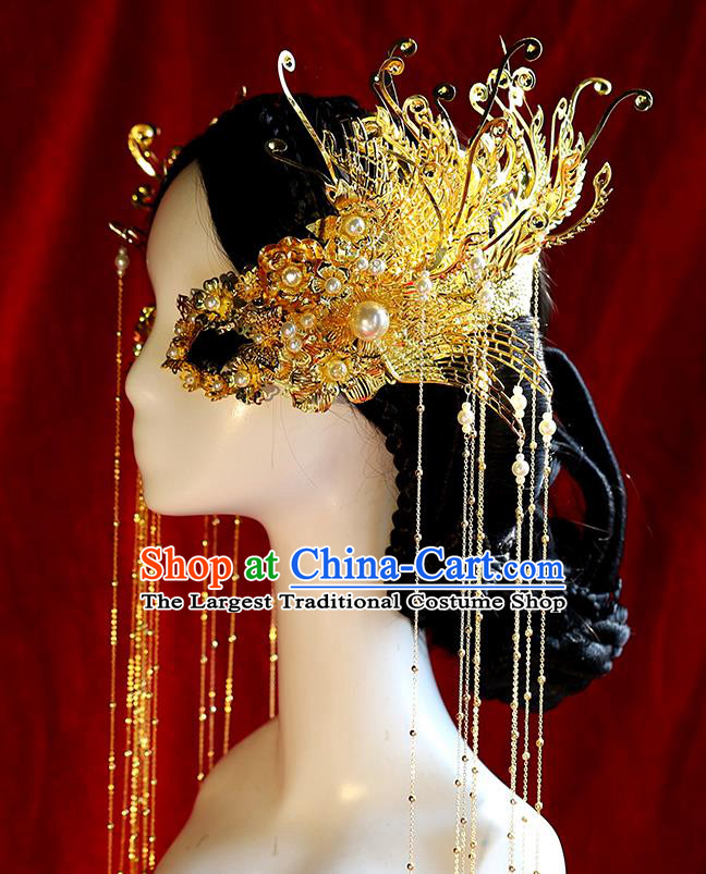 Traditional Chinese Bride Golden Phoenix Tassel Hair Clasp Headdress Ancient Wedding Hair Accessories for Women