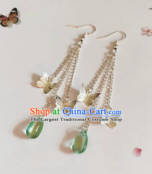 Traditional Chinese Handmade Green Water Drop Butterfly Earrings Ancient Hanfu Ear Accessories for Women
