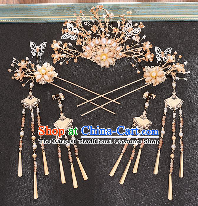 Traditional Chinese Bride Pearls Hair Comb and Tassel Hairpins Headdress Ancient Wedding Hair Accessories for Women