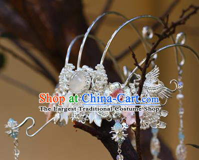 Traditional Chinese Argent Tassel Phoenix Coronet Hairpins Headdress Ancient Court Hair Accessories for Women