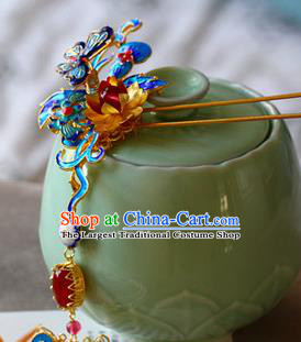 Traditional Chinese Palace Cloisonne Butterfly Pearls Tassel Hairpin Headdress Ancient Court Hair Accessories for Women