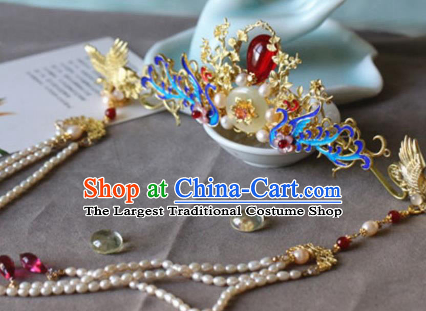 Traditional Chinese Palace Cloisonne Phoenix Jade Hair Crown Hairpin Headdress Ancient Court Hair Accessories for Women