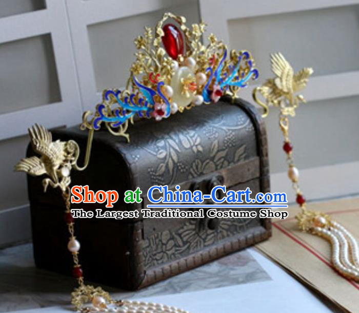 Traditional Chinese Palace Cloisonne Phoenix Jade Hair Crown Hairpin Headdress Ancient Court Hair Accessories for Women