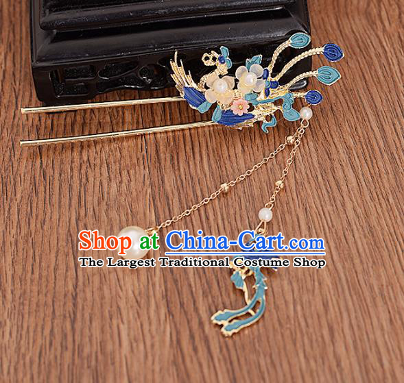 Traditional Chinese Handmade Blue Phoenix Tassel Hairpin Headdress Ancient Hanfu Hair Accessories for Women