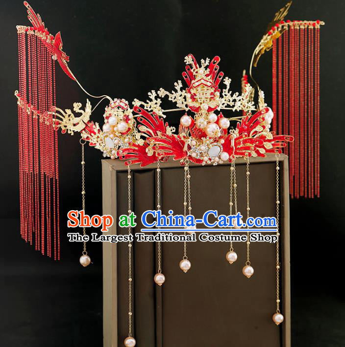 Traditional Chinese Bride Tassel Red Phoenix Coronet Headdress Ancient Wedding Hair Accessories for Women