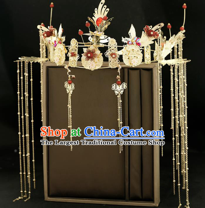 Traditional Chinese Bride Tassel Golden Phoenix Coronet Headdress Ancient Wedding Hair Accessories for Women