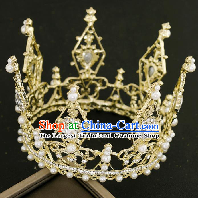 Top Grade Princess Crystal Golden Round Royal Crown Handmade Baroque Bride Hair Accessories for Women