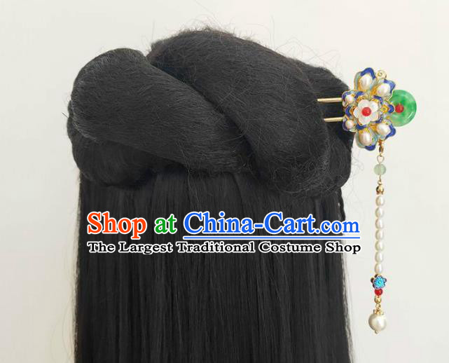 Traditional Chinese Qing Dynasty Cloisonne Jade Hairpin Headdress Ancient Court Hair Accessories for Women