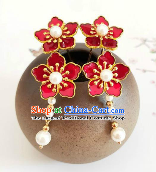 Traditional Chinese Little Red Plum Blossom Hairpins Headdress Ancient Court Hair Accessories for Women