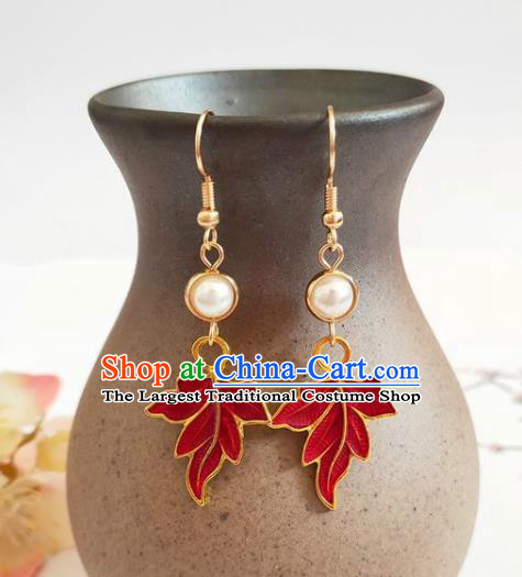Traditional Chinese Handmade Red Maple Leaf Earrings Ancient Hanfu Ear Accessories for Women
