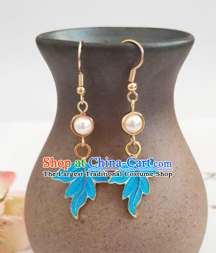 Traditional Chinese Handmade Blue Maple Leaf Earrings Ancient Hanfu Ear Accessories for Women