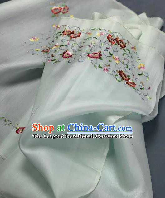 Chinese Traditional Embroidered Flowers Pattern Design Light Green Silk Fabric Asian Hanfu Material
