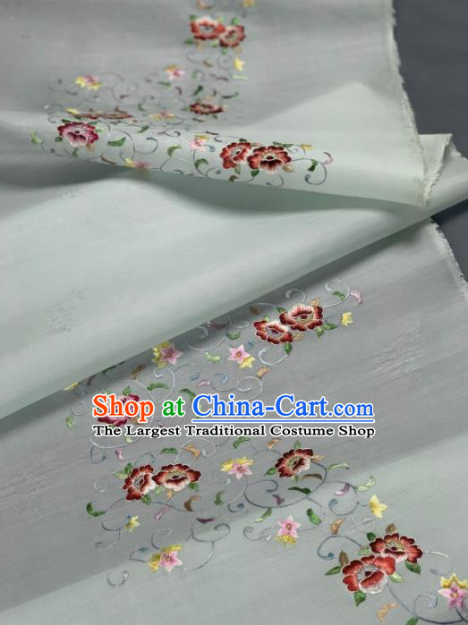 Chinese Traditional Embroidered Flowers Pattern Design Light Green Silk Fabric Asian Hanfu Material