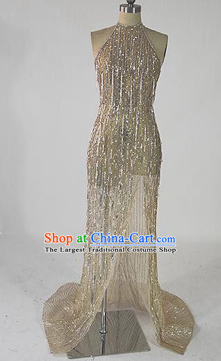 Top Grade Modern Dance Golden Paillette Full Dress Catwalks Compere Costume for Women