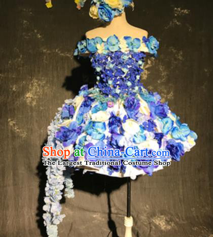 Top Grade Modern Dance Fairy Roaylblue Flowers Short Dress Catwalks Compere Costume for Women