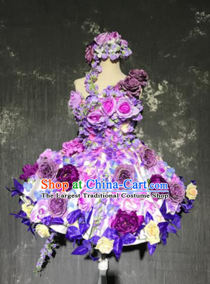 Top Grade Modern Dance Fairy Purple Peony Flowers Short Dress Catwalks Compere Costume for Women