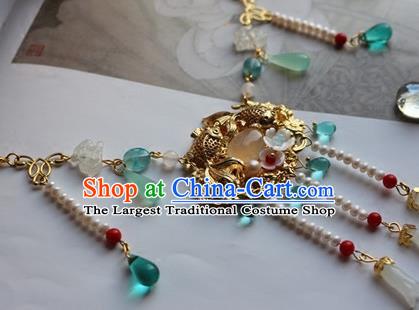 Traditional Chinese Handmade Tassel Golden Necklace Ancient Hanfu Pearls Necklet Accessories for Women