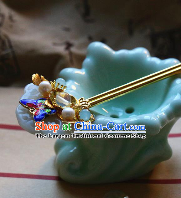 Traditional Chinese Bride Cloisonne Butterfly Ginkgo Hairpin Headdress Ancient Court Hair Accessories for Women