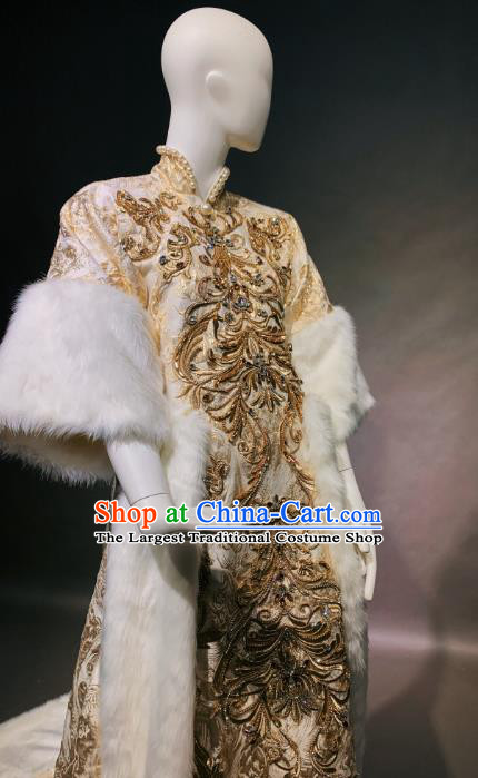 Top Grade Modern Dance Costume Catwalks Embroidered Golden Qipao Dress for Women