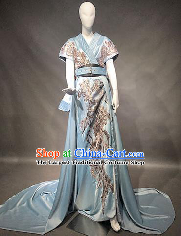 Top Grade Modern Dance Compere Blue Full Dress Catwalks Embroidered Costume for Women