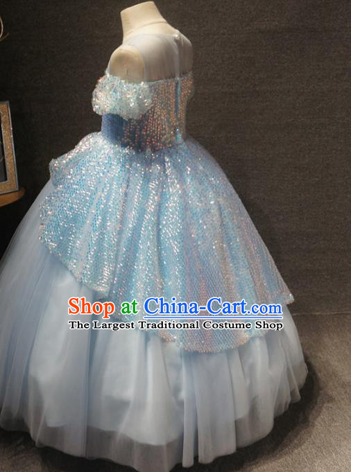 Top Grade Children Princess Blue Full Dress Catwalks Stage Show Birthday Costume for Kids