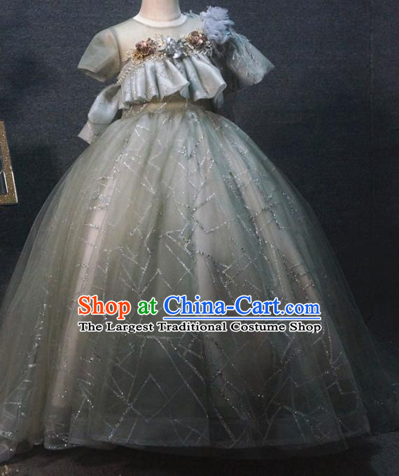 Top Grade Children Princess Light Grey Trailing Full Dress Catwalks Stage Show Birthday Costume for Kids