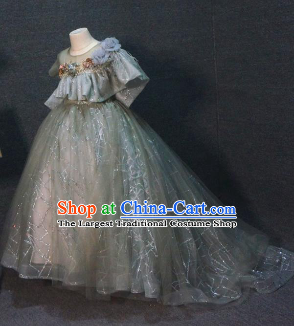 Top Grade Children Princess Light Grey Trailing Full Dress Catwalks Stage Show Birthday Costume for Kids