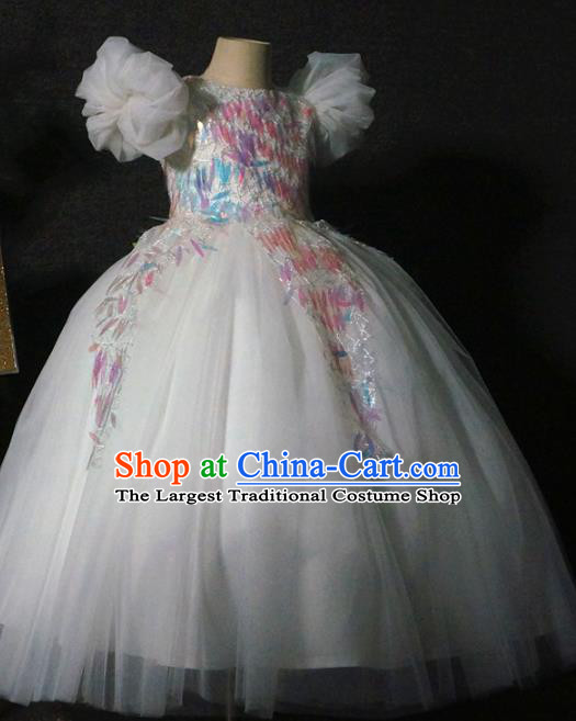 Top Grade Children Princess Sequins White Full Dress Catwalks Stage Show Birthday Costume for Kids