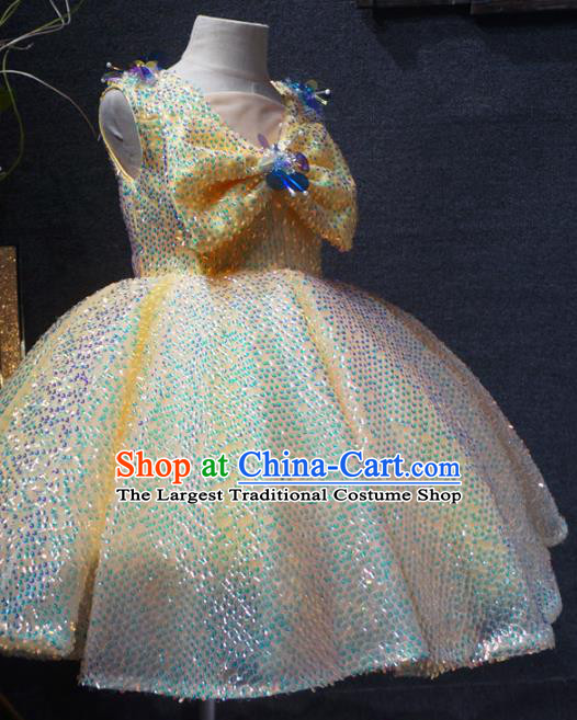Top Grade Children Princess Yellow Sequins Dress Catwalks Stage Show Birthday Costume for Kids