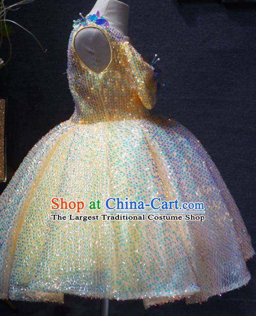 Top Grade Children Princess Yellow Sequins Dress Catwalks Stage Show Birthday Costume for Kids