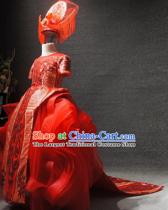 Traditional Chinese Compere Embroidered Red Dress Catwalks Stage Show Costume for Kids