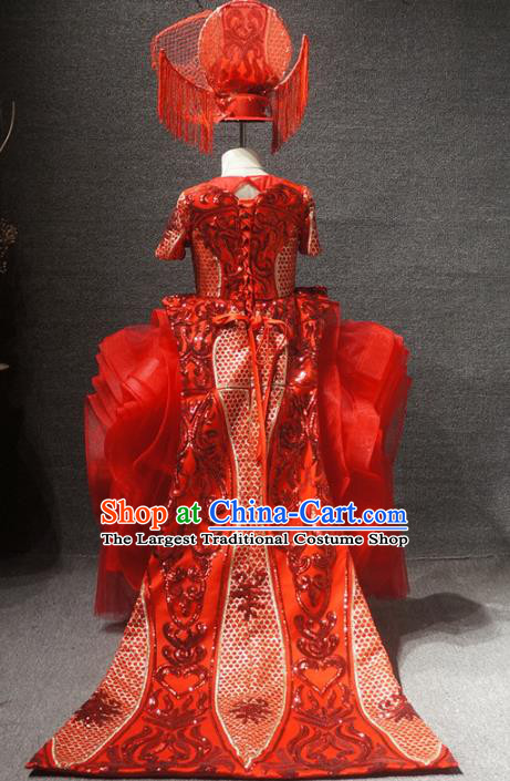 Traditional Chinese Compere Embroidered Red Dress Catwalks Stage Show Costume for Kids