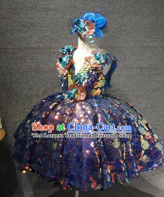 Top Grade Children Day Performance Deep Blue Sequins Short Dress Catwalks Stage Show Birthday Costume for Kids