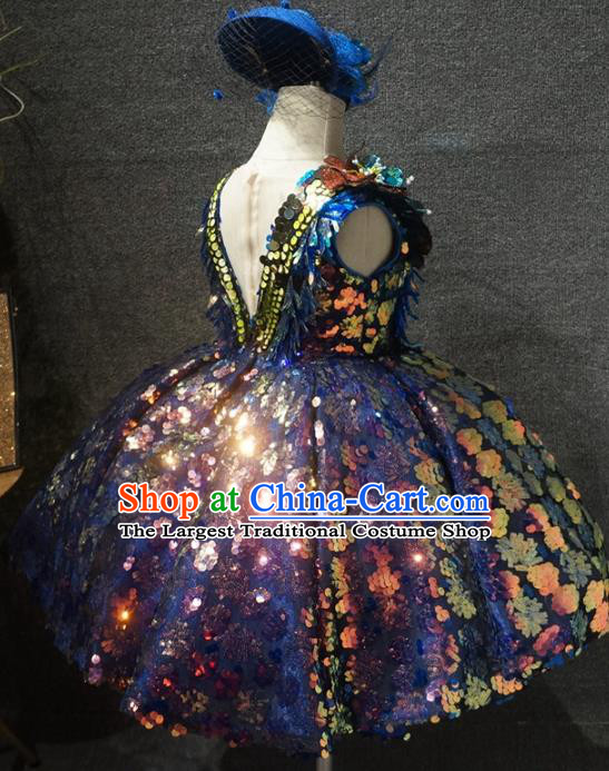 Top Grade Children Day Performance Deep Blue Sequins Short Dress Catwalks Stage Show Birthday Costume for Kids