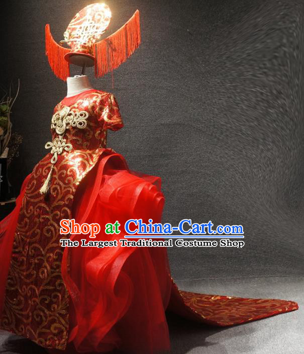 Traditional Chinese New Year Embroidered Red Full Dress Catwalks Stage Show Costume for Kids