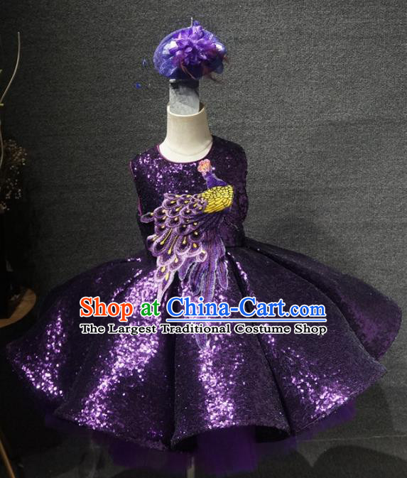 Top Grade Children Day Performance Embroidered Peacock Purple Short Dress Catwalks Stage Show Birthday Costume for Kids