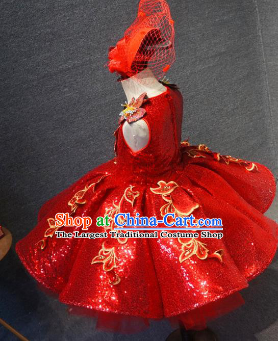 Top Grade Children Day Dance Performance Red Short Dress Catwalks Stage Show Birthday Costume for Kids