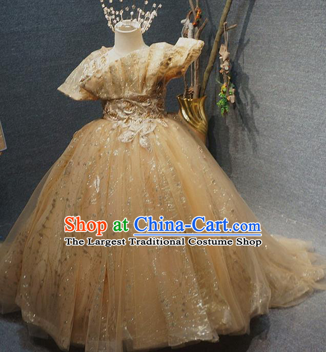 Top Children Compere Champagne Full Dress Catwalks Princess Stage Show Birthday Costume for Kids