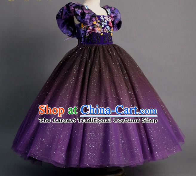 Top Children Princess Compere Purple Bubble Full Dress Catwalks Stage Show Dance Costume for Kids