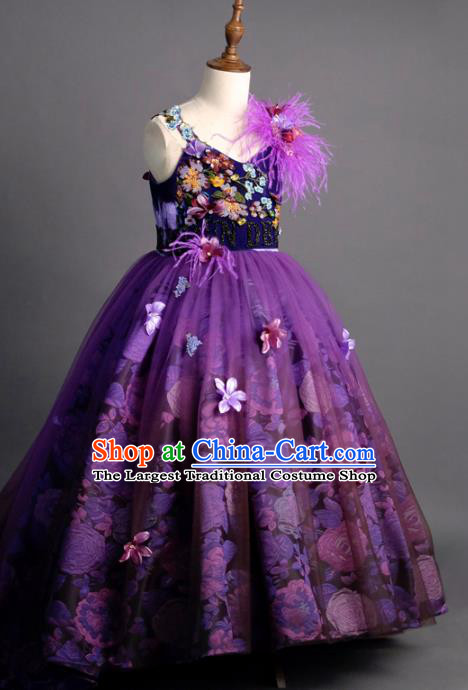 Top Children Fairy Princess Compere Purple Full Dress Catwalks Stage Show Dance Costume for Kids