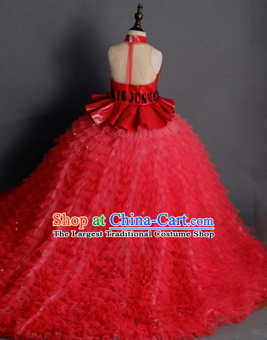 Traditional Chinese Catwalks Chorus Red Veil Trailing Qipao Dress Compere Stage Performance Costume for Kids